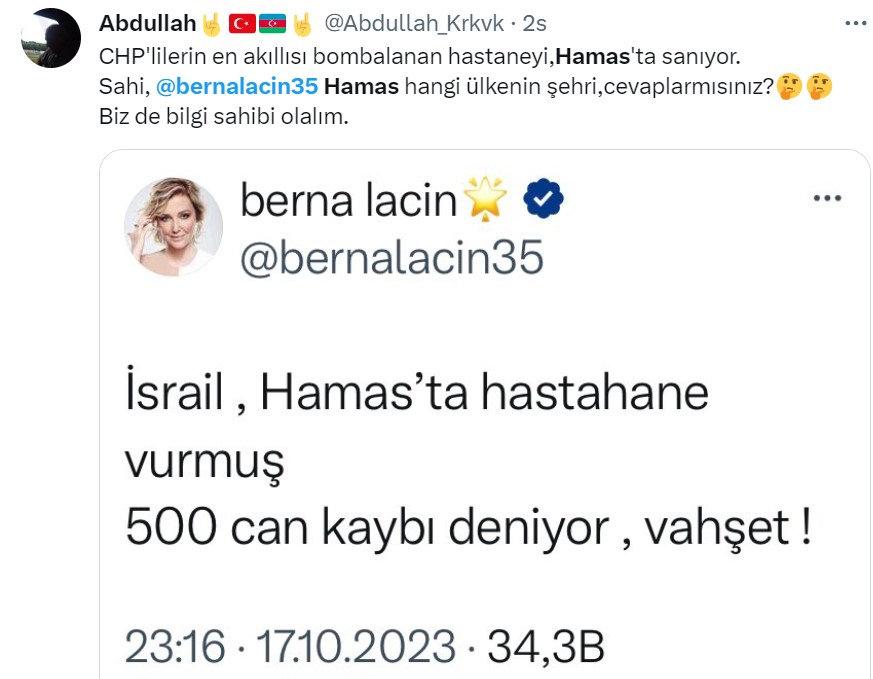 Vatandaşlar Berna Laçin’e tweet sildirtti: Hamas'ı şehir zanneden 'yurdum aydını'