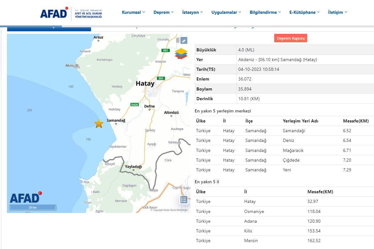 Hatay'da 4 büyüklüğünde deprem