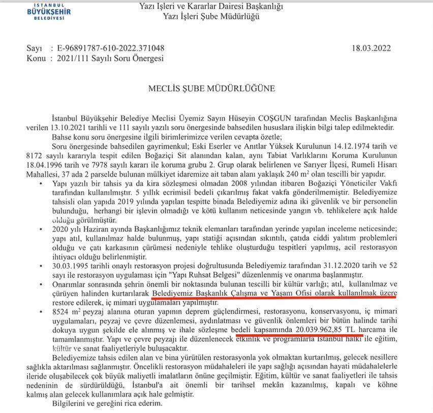 Belediye kasasından 20 Milyon TL harcanan köşkte artık İmamoğlu oturuyor!