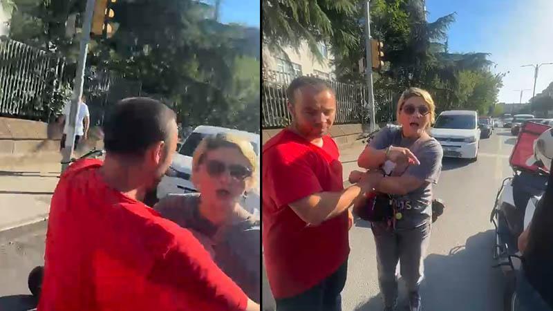 Skuterli çiftin motosiklet sürücüsüne saldırısı kamerada